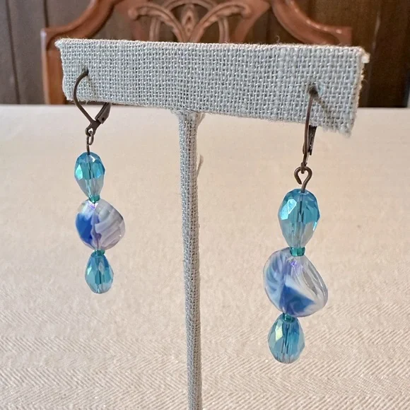 Handmade Antique Copper Teal Blue Green Glass Long Boho Earrings Leverback - Picture 9 of 10